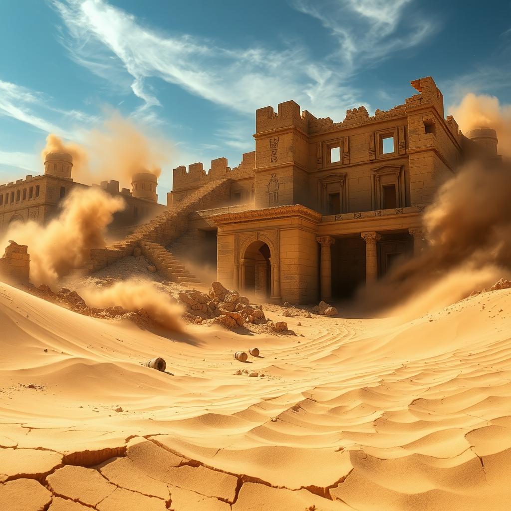 An ancient Egyptian castle in extreme ruins, dramatically being absorbed by swirling golden sands