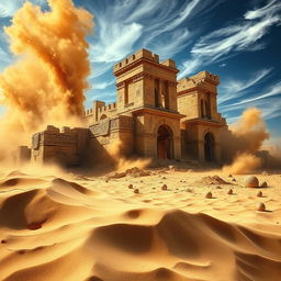 An ancient Egyptian castle in extreme ruins, dramatically being absorbed by swirling golden sands