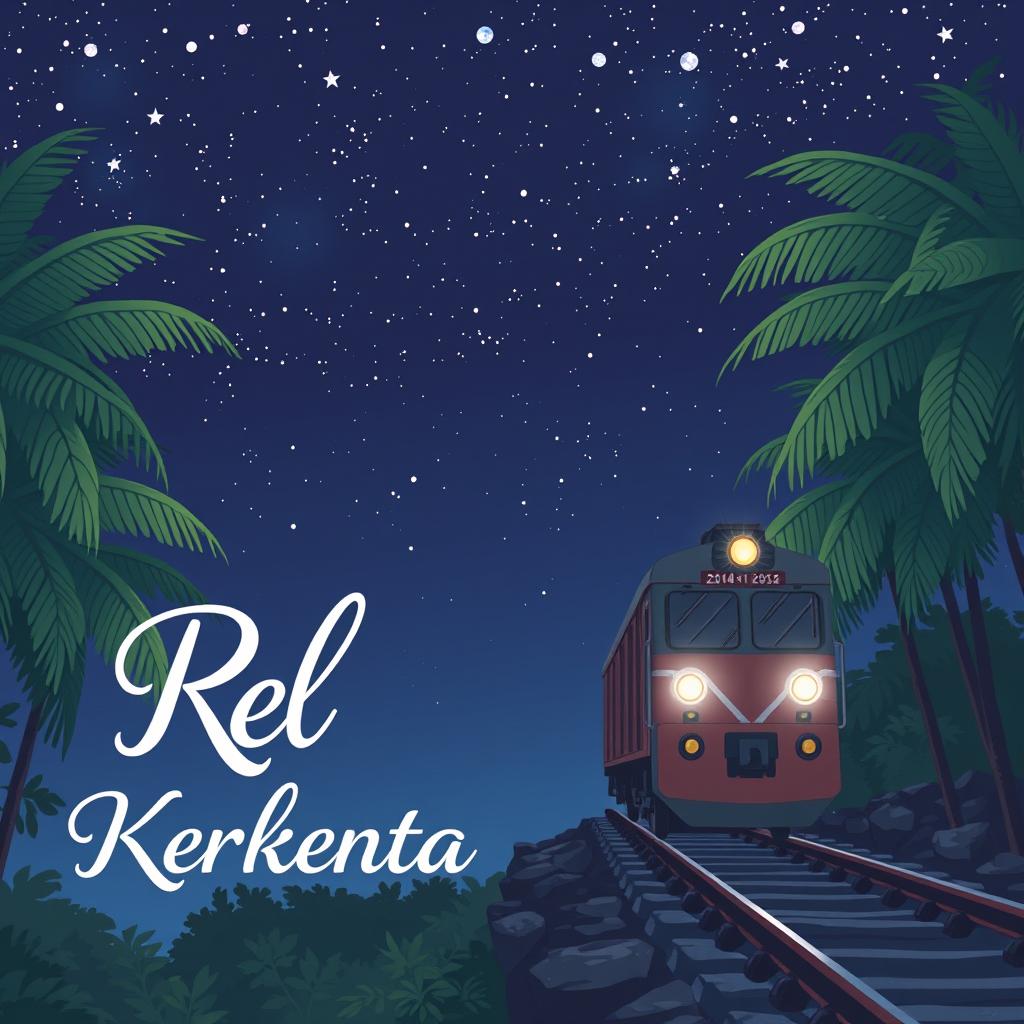 A 15 x 23 cm novel cover themed around Indonesian train rails at night, illustrated in a simple Japanese anime style