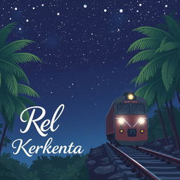 A 15 x 23 cm novel cover themed around Indonesian train rails at night, illustrated in a simple Japanese anime style