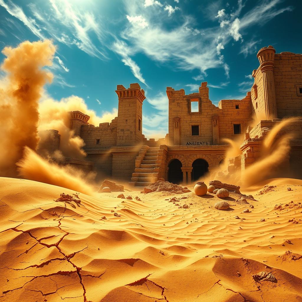 An ancient Egyptian castle in extreme ruins, dramatically being absorbed by swirling golden sands