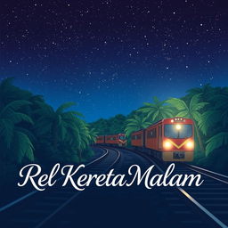 A 15 x 23 cm novel cover themed around Indonesian train rails at night, illustrated in a simple Japanese anime style