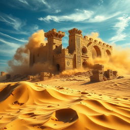 An ancient Egyptian castle in extreme ruins, dramatically being absorbed by swirling golden sands