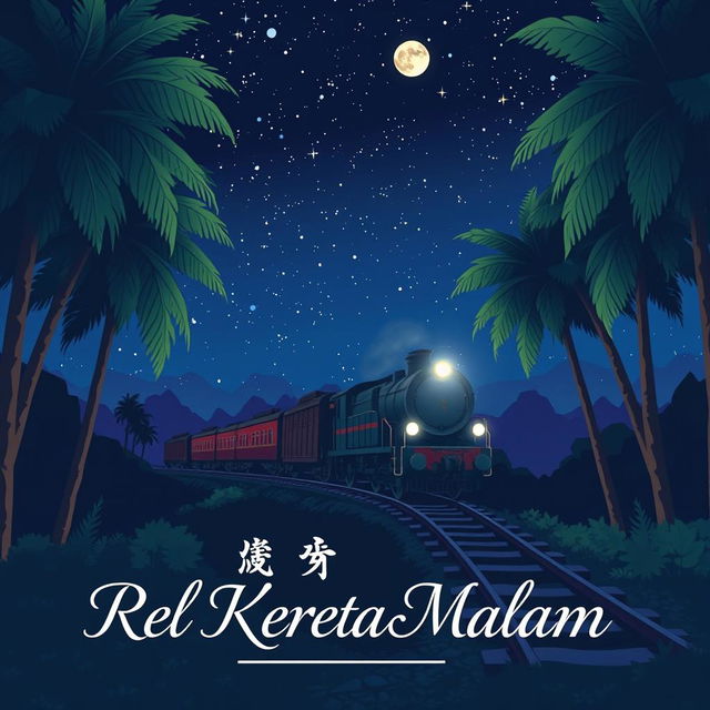 A 15 x 23 cm novel cover themed around Indonesian train rails at night, illustrated in a simple Japanese anime style