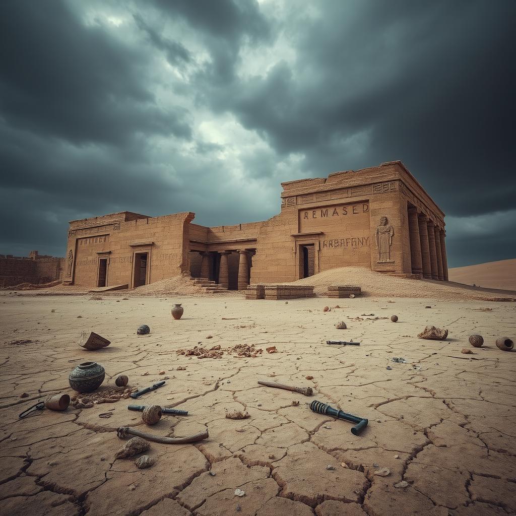 The ruins of a giant Egyptian castle, with less than half of it visible, being slowly absorbed into the dry, cracked ground