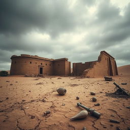 The ruins of a giant Egyptian castle, with less than half of it visible, being slowly absorbed into the dry, cracked ground