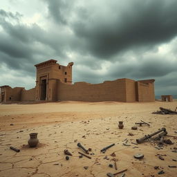 The ruins of a giant Egyptian castle, with less than half of it visible, being slowly absorbed into the dry, cracked ground