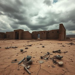 The ruins of a giant Egyptian castle, with less than half of it visible, being slowly absorbed into the dry, cracked ground