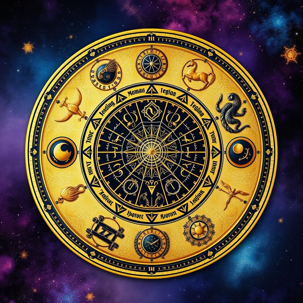 An enchanting circle grid divided into 9 equal sections, each representing different elements of numerology and astrology