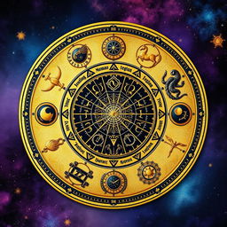 An enchanting circle grid divided into 9 equal sections, each representing different elements of numerology and astrology