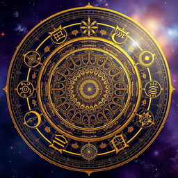 An enchanting circle grid divided into 9 equal sections, each representing different elements of numerology and astrology