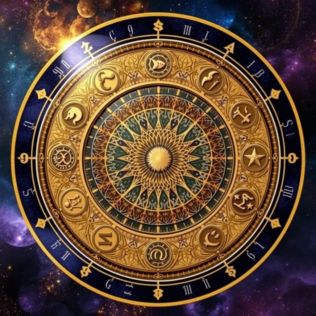 An enchanting circle grid divided into 9 equal sections, each representing different elements of numerology and astrology