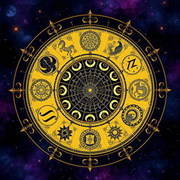 An enchanting circle grid divided into 9 equal sections, each representing different elements of numerology and astrology