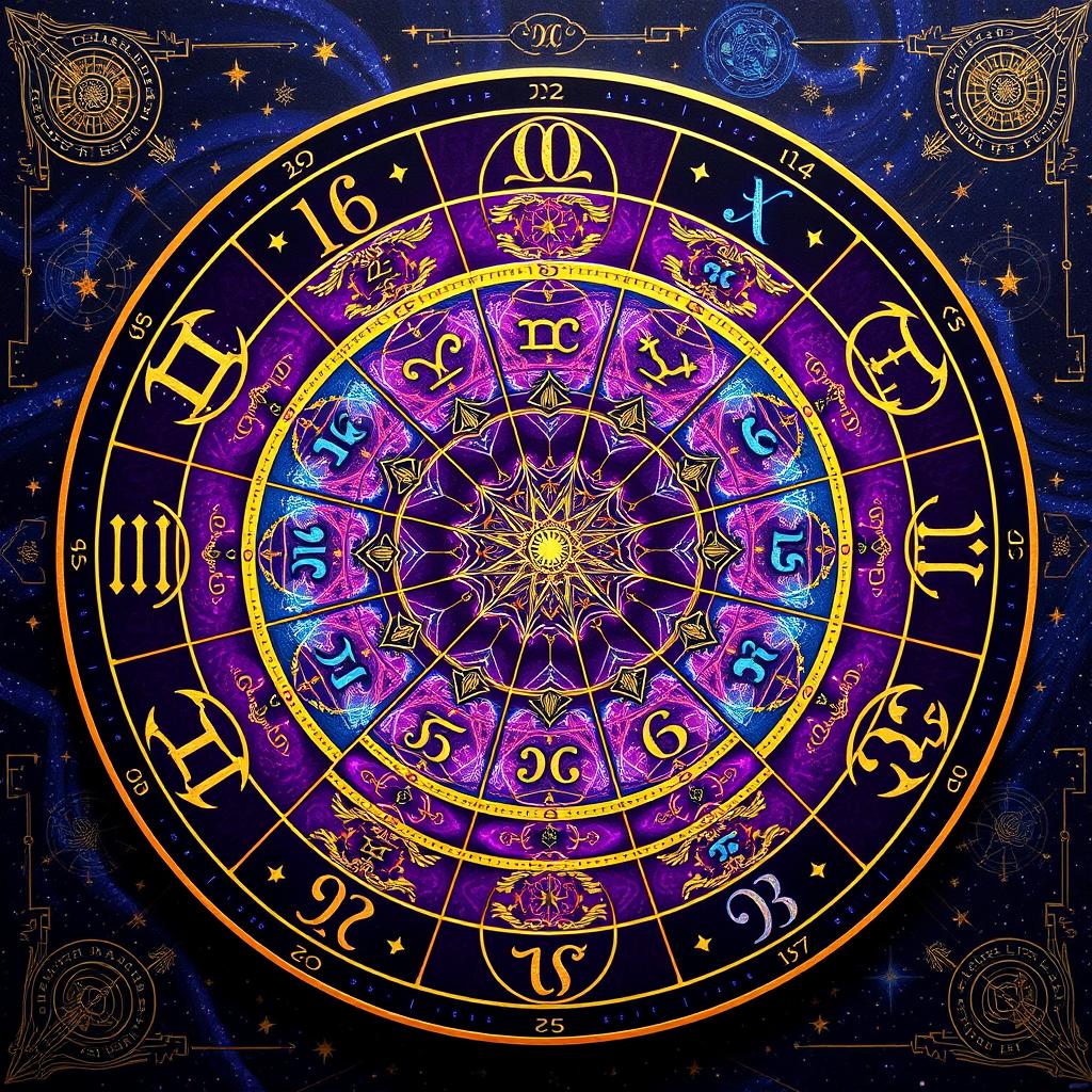 An exquisite numerology wheel that integrates elements of mystic astrology, composed of a large circular design divided into segments that represent numbers from 1 to 9