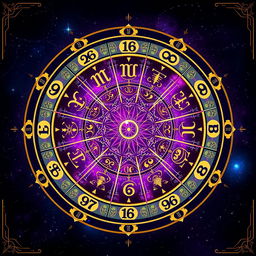 An exquisite numerology wheel that integrates elements of mystic astrology, composed of a large circular design divided into segments that represent numbers from 1 to 9