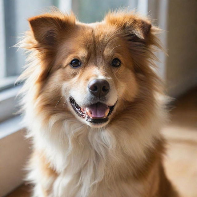 A lively dog with thick, luscious fur in natural light.