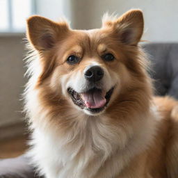 A lively dog with thick, luscious fur in natural light.