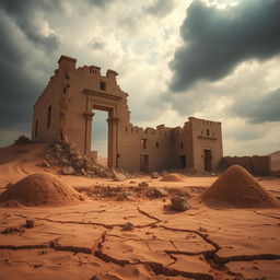 The ruins of a giant Egyptian castle, dramatically being absorbed into the cracked earth, with less than half of the structure visible