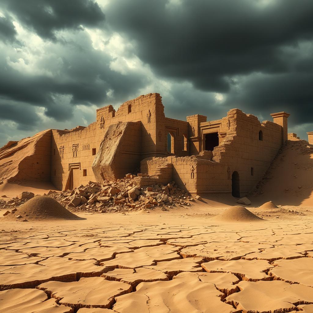 The ruins of a giant Egyptian castle, dramatically being absorbed into the cracked earth, with less than half of the structure visible