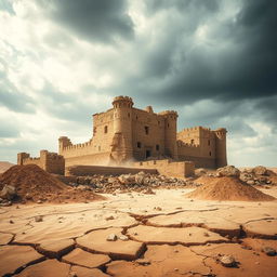 The ruins of a giant Egyptian castle, dramatically being absorbed into the cracked earth, with less than half of the structure visible