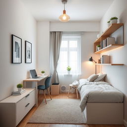 A cozy and innovative small bedroom design featuring a modern aesthetic with minimalistic furniture