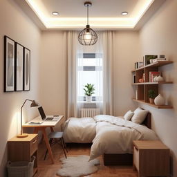 A cozy and innovative small bedroom design featuring a modern aesthetic with minimalistic furniture