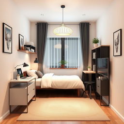 A cozy and innovative small bedroom design featuring a modern aesthetic with minimalistic furniture