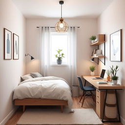 A cozy and innovative small bedroom design featuring a modern aesthetic with minimalistic furniture