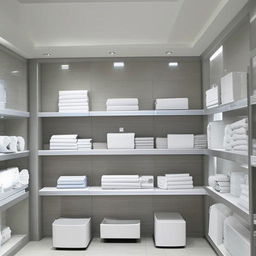 Design a well-organized, clean, and modern interior of a sanitary shop, showcasing variety of sanitary ware in a neat display with ample lighting.