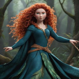 An animated depiction of Merida from Brave, wearing an intricately designed feathered dress costume, illuminating her bold character with a touch of wilderness.