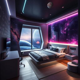 A medium-sized innovative space-themed bedroom, blending comfort with futuristic design