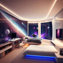 A medium-sized innovative space-themed bedroom, blending comfort with futuristic design