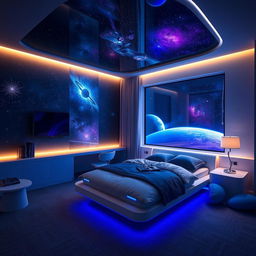 A medium-sized innovative space-themed bedroom, blending comfort with futuristic design