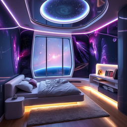 A medium-sized innovative space-themed bedroom, blending comfort with futuristic design