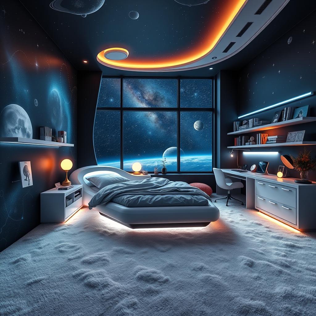 A medium-sized, innovative space-themed bedroom, featuring futuristic furniture and decor