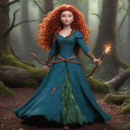 An animated depiction of Merida from Brave, wearing an intricately designed feathered dress costume, illuminating her bold character with a touch of wilderness.