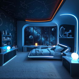 A medium-sized, innovative space-themed bedroom, featuring futuristic furniture and decor