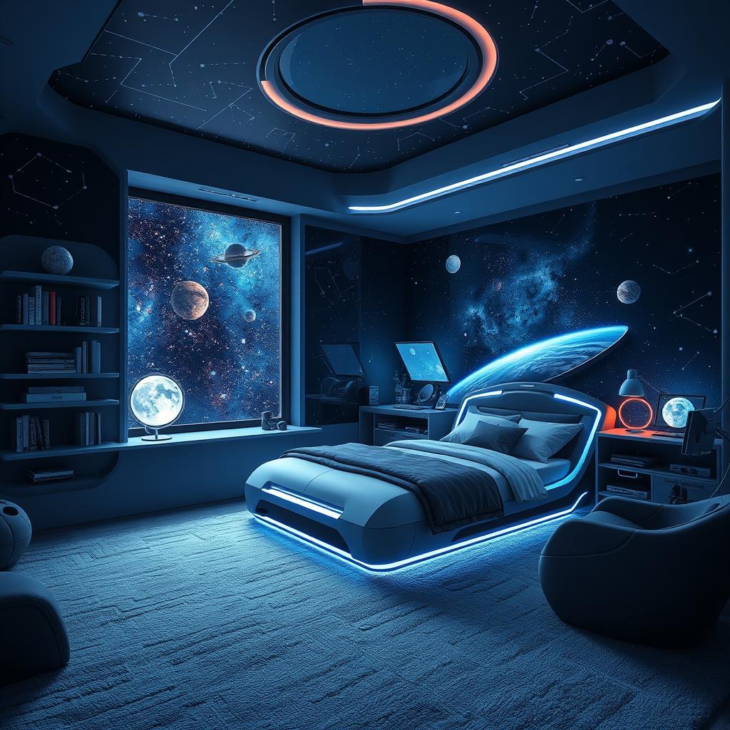 A medium-sized, innovative space-themed bedroom, featuring futuristic furniture and decor