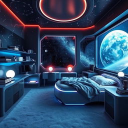 A medium-sized, innovative space-themed bedroom, featuring futuristic furniture and decor