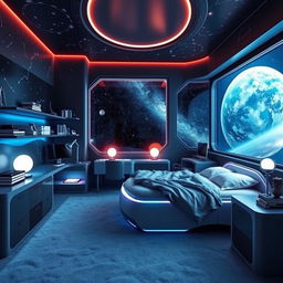 A medium-sized, innovative space-themed bedroom, featuring futuristic furniture and decor