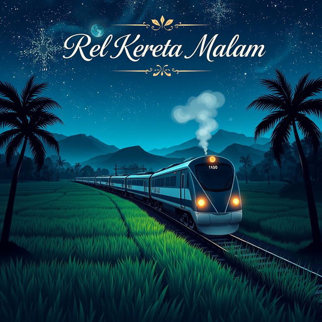 An enchanting anime-style book cover for the novel titled 'Rel Kereta Malam,' designed in a 15×23 cm format