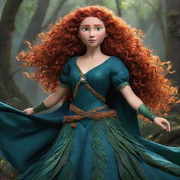 An animated depiction of Merida from Brave, wearing an intricately designed feathered dress costume, illuminating her bold character with a touch of wilderness.