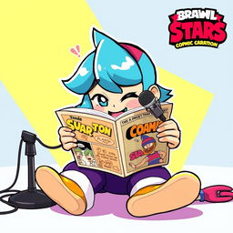 A character inspired by the style of Brawl Stars, sitting down and intently looking at a comic book with colorful illustrations