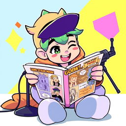 A character inspired by the style of Brawl Stars, sitting down and intently looking at a comic book with colorful illustrations