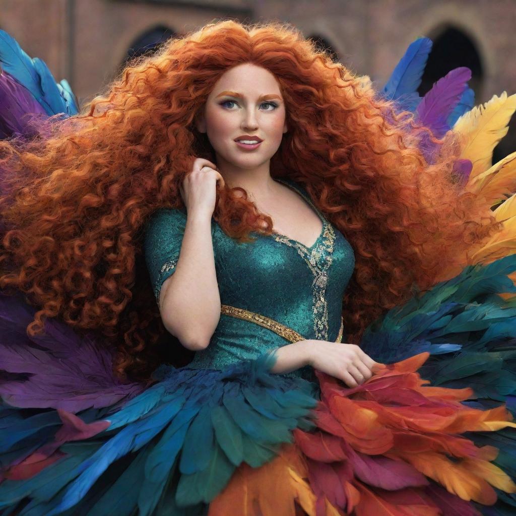 A quirky representation of Merida from Brave, featuring her in a flamboyantly feathered dress costume for a drag race, showcasing her courageous spirit in a colorful, untraditional setting.