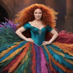 A quirky representation of Merida from Brave, featuring her in a flamboyantly feathered dress costume for a drag race, showcasing her courageous spirit in a colorful, untraditional setting.