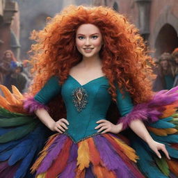 A quirky representation of Merida from Brave, featuring her in a flamboyantly feathered dress costume for a drag race, showcasing her courageous spirit in a colorful, untraditional setting.