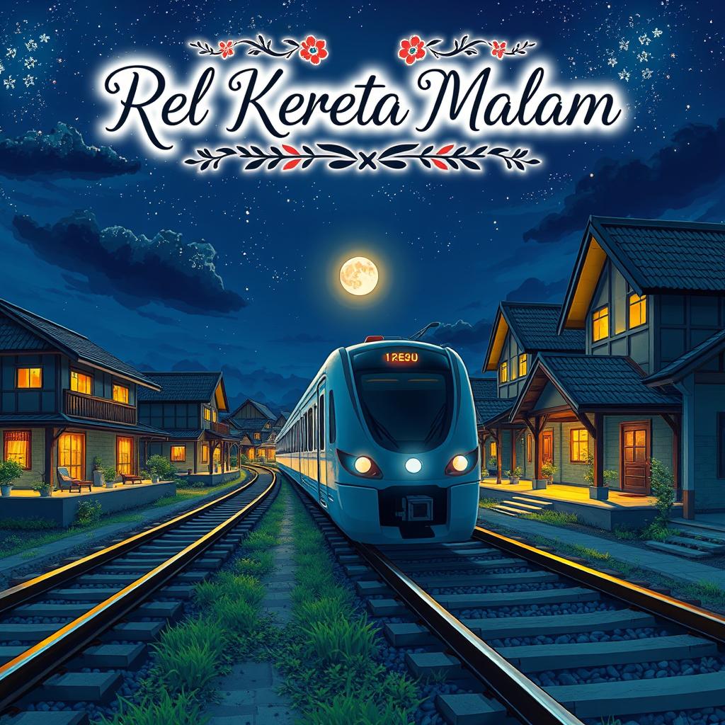 A visually striking anime-style book cover for the novel titled 'Rel Kereta Malam,' formatted in 14×20 cm