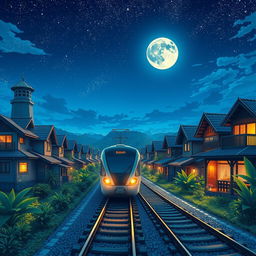 A beautiful anime-style book cover featuring a nighttime scene set in Indonesia, showcasing a modern train gliding along railway tracks