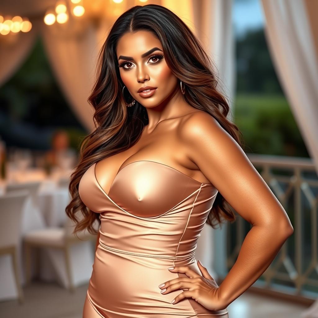 A stunning and voluptuous woman with a 90B bust, wearing a glamorous, form-fitting dress that accentuates her curves